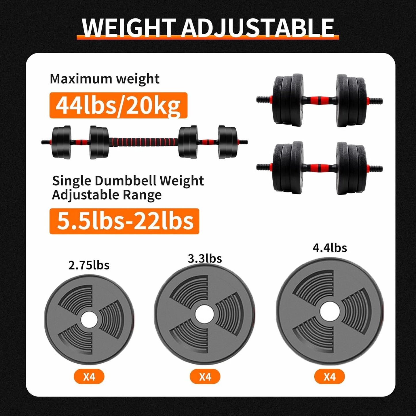 Adjustable Dumbbell Barbell Set 5-44 Lbs With Anti Slip Grip