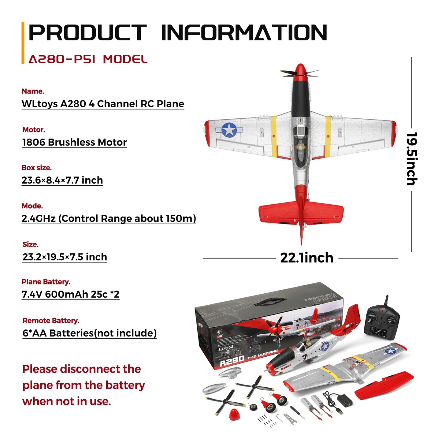 WLtoys A280 P51 Mustang 4CH RC Plane With LED Lights