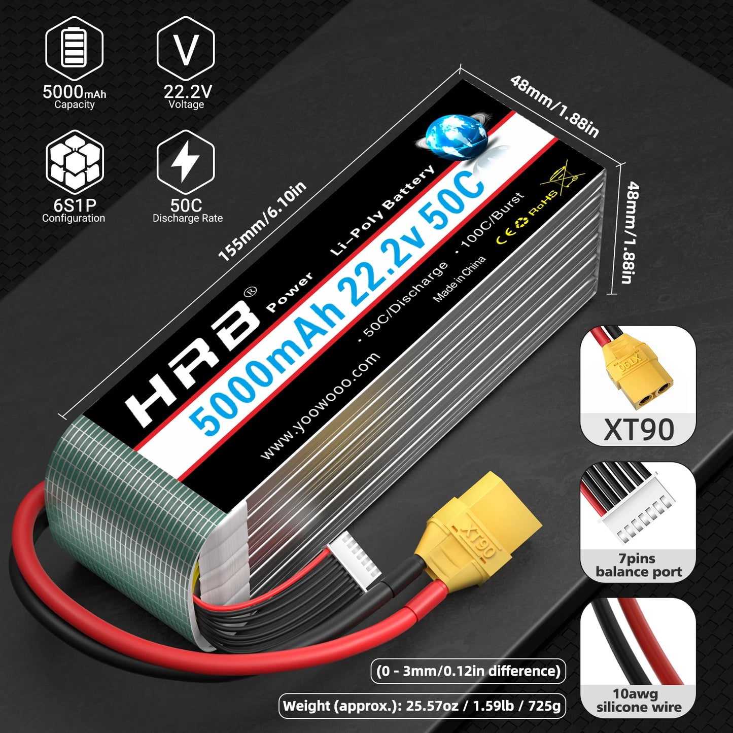 HRB 22.2V 5000mAh 6S LiPo Battery 50C XT90 EC5 Connector