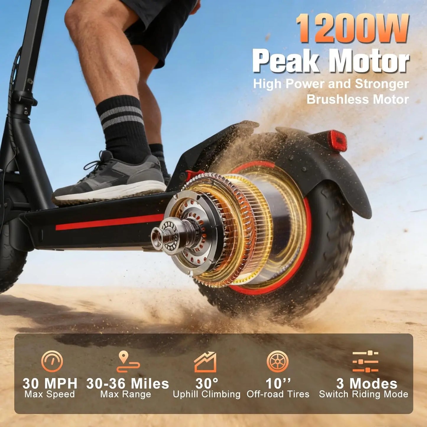 Electric Scooter 1200W Folding Off Road 30 MPH Top Speed