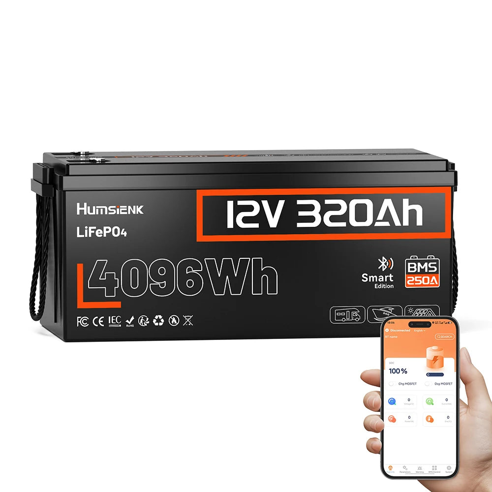 Humsienk 12V 320Ah LiFePO4 Battery With Bluetooth 250A BMS