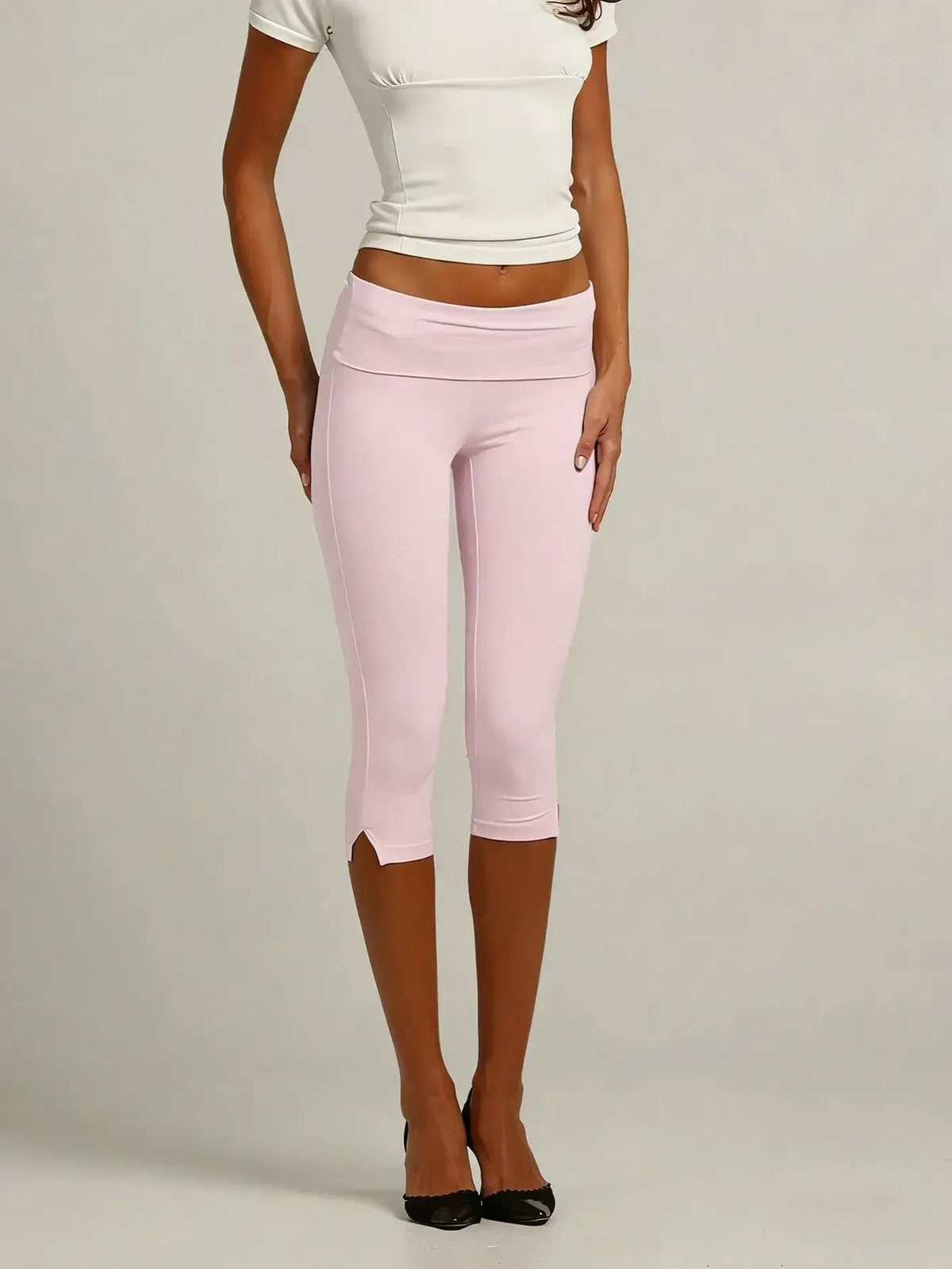 Women Low Waist Capri Leggings With Elastic Waistband Pockets