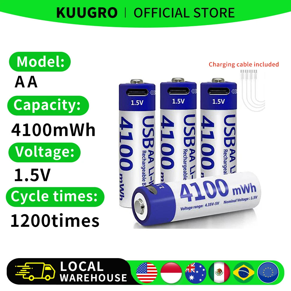 Kuugro USB Rechargeable AA Battery 1.5V 4100mWh Lithium Ion