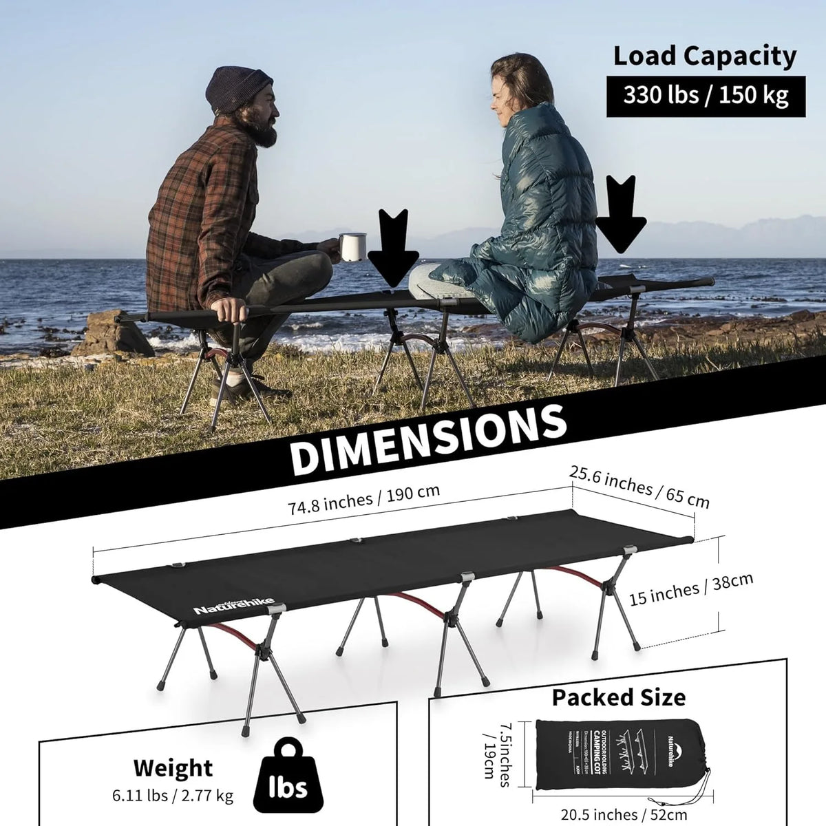Naturehike Height Adjustable Folding Camping Cot Ultralight Backpacking Bed