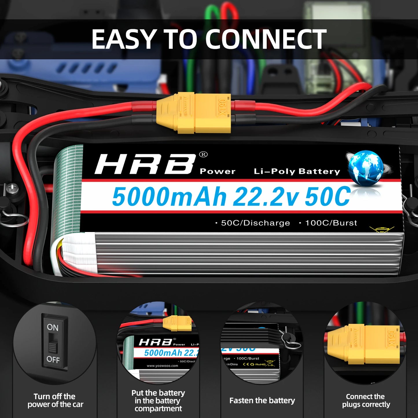 HRB 22.2V 5000mAh 6S LiPo Battery 50C XT90 EC5 Connector