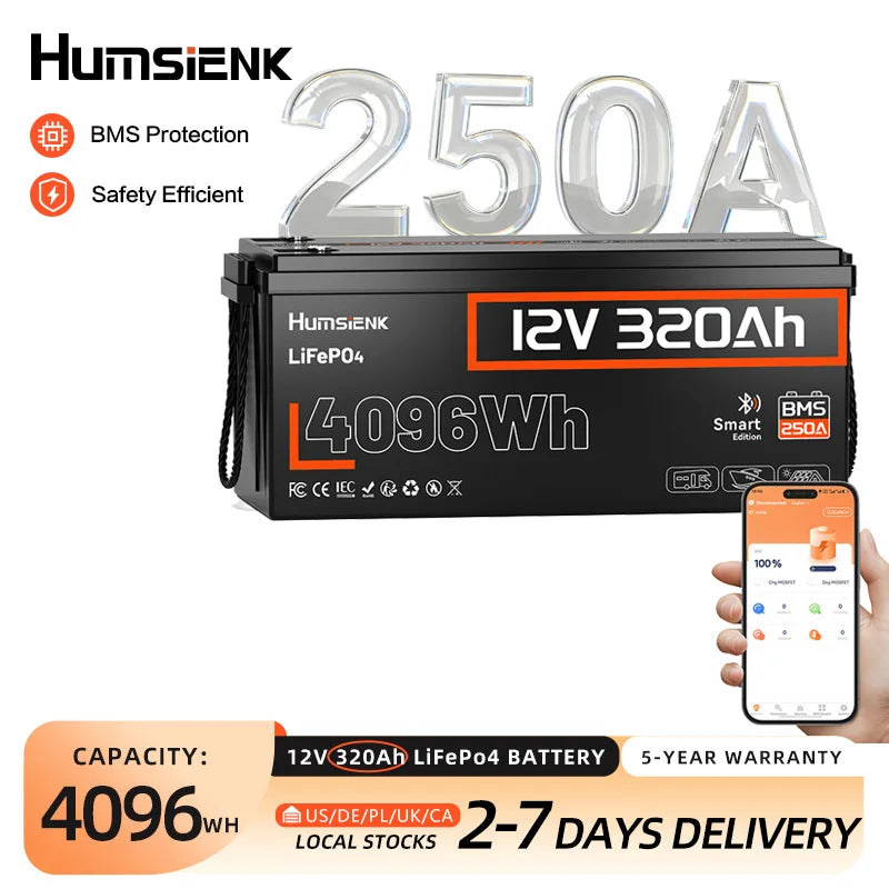 Humsienk 12V 320Ah LiFePO4 Battery With Bluetooth 250A BMS