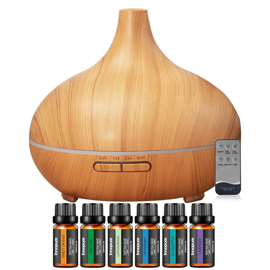 Upgraded 550ml Essential Oil Diffuser & 6 Oils Set, Ultrasonic Cool Mist Humidifier with 7 LED Colors, 4 Timer Settings, Auto-Of