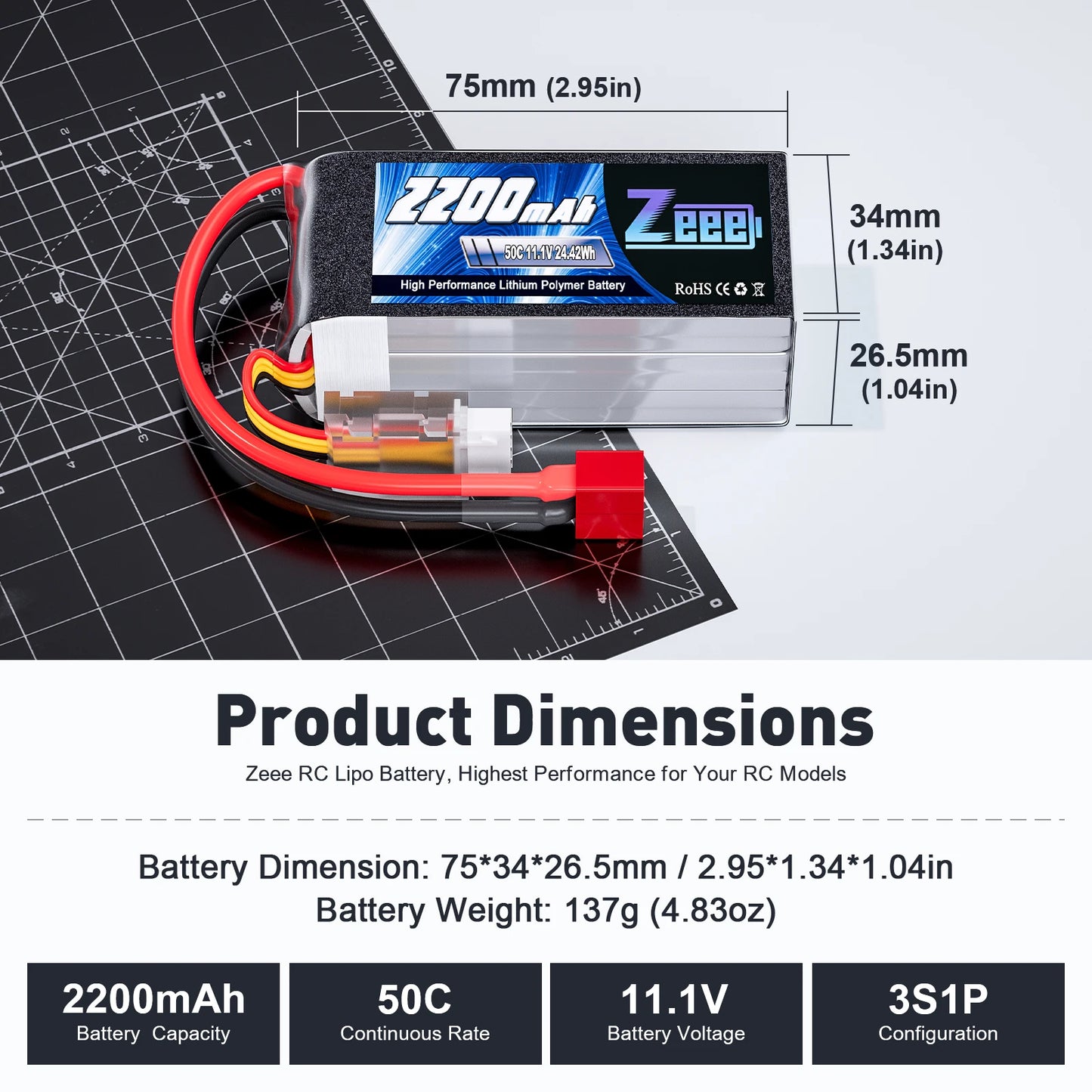 ZEEE 2x 3S 2200mAh Shorty LiPo Battery 11.1V 50C XT60