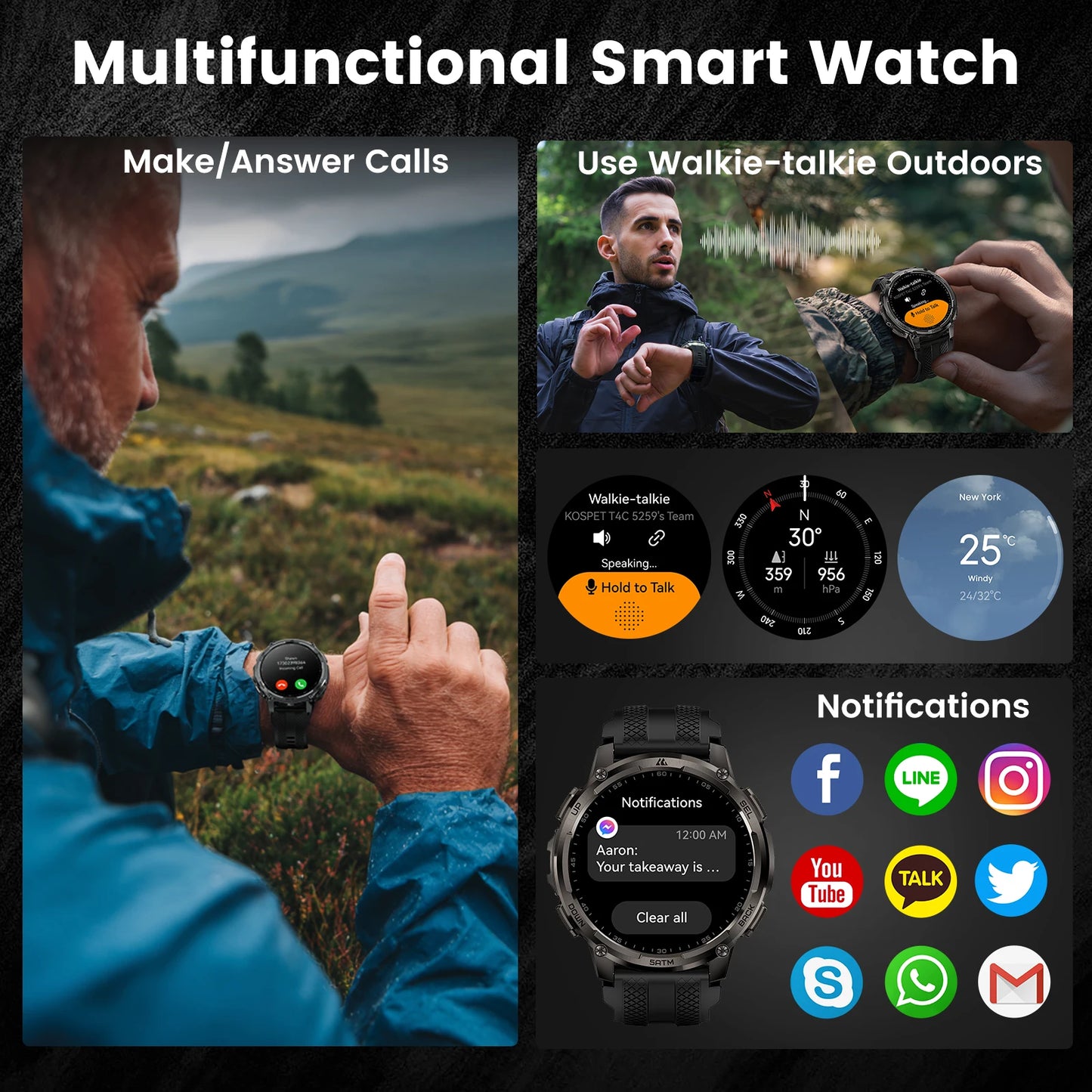 Kospet Tank T4C Smartwatch Dual Band GPS Rugged Outdoor 50M Waterproof
