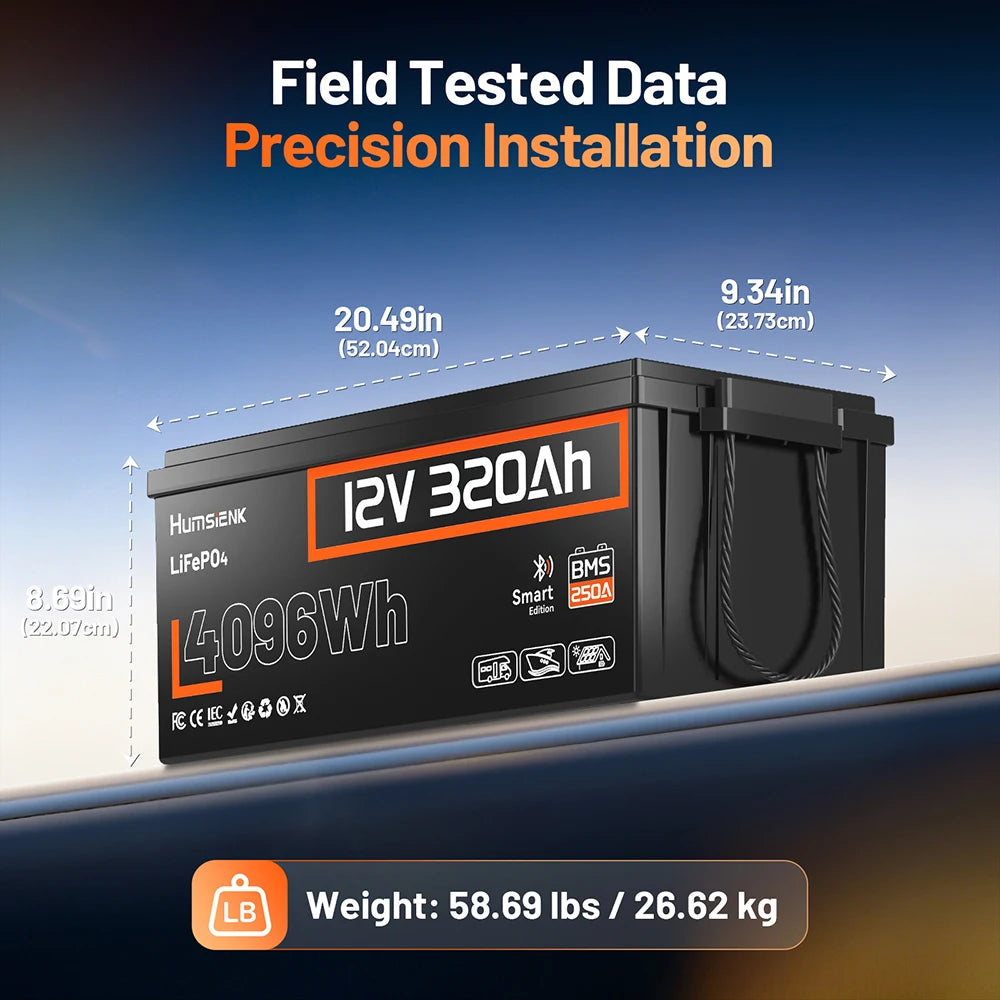 Humsienk 12V 320Ah LiFePO4 Battery With Bluetooth 250A BMS