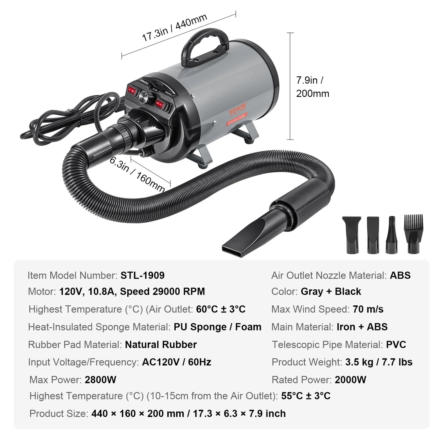 SucceBuy 2000W Pet Dryer With Adjustable Speed Extendable Hose