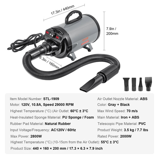 SucceBuy 2000W Pet Dryer With Adjustable Speed Extendable Hose