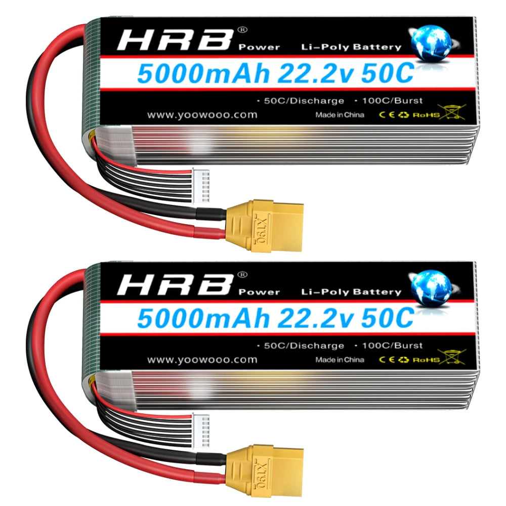 HRB 22.2V 5000mAh 6S LiPo Battery 50C XT90 EC5 Connector