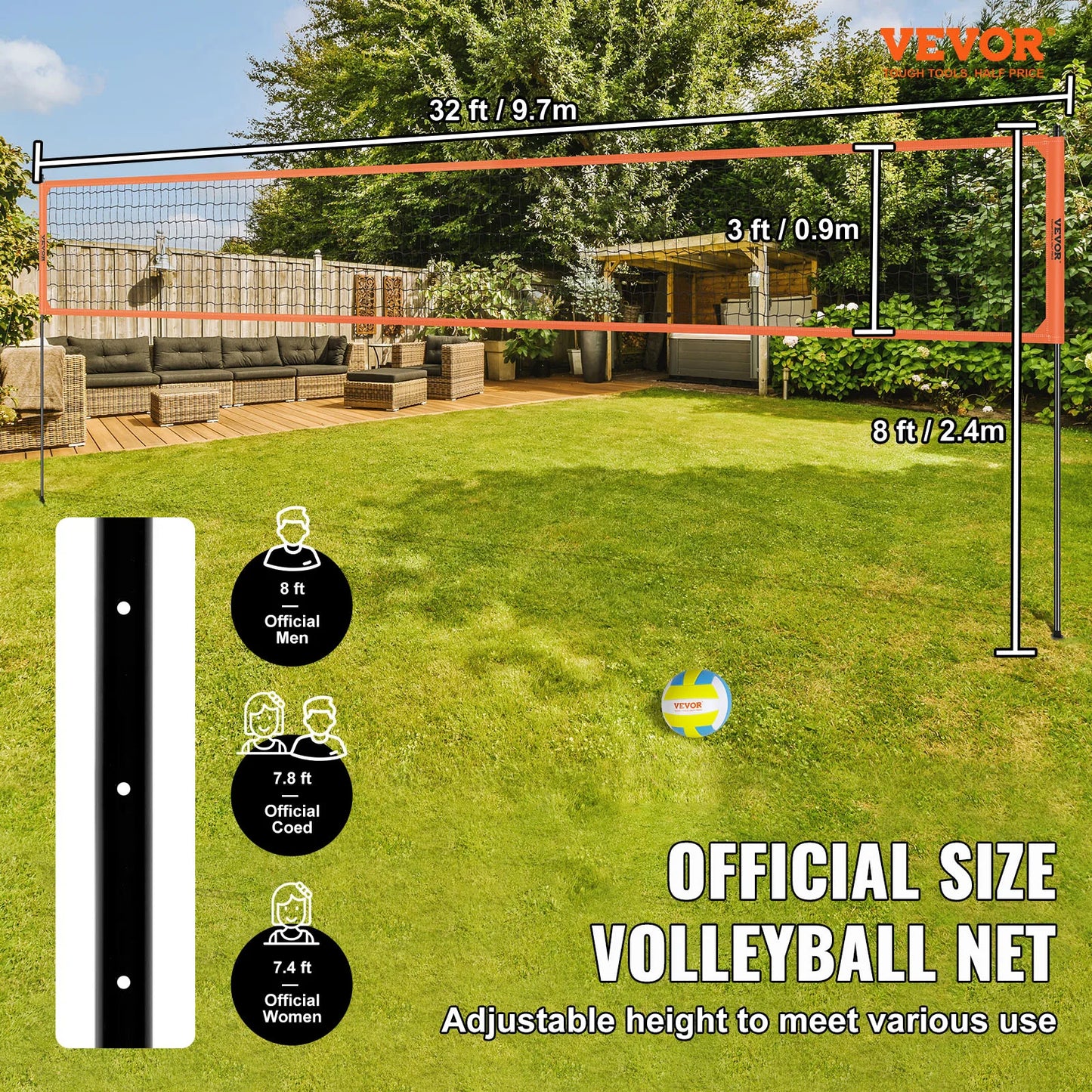 SucceBuy Portable Volleyball Net System With Adjustable Height Aluminum Poles
