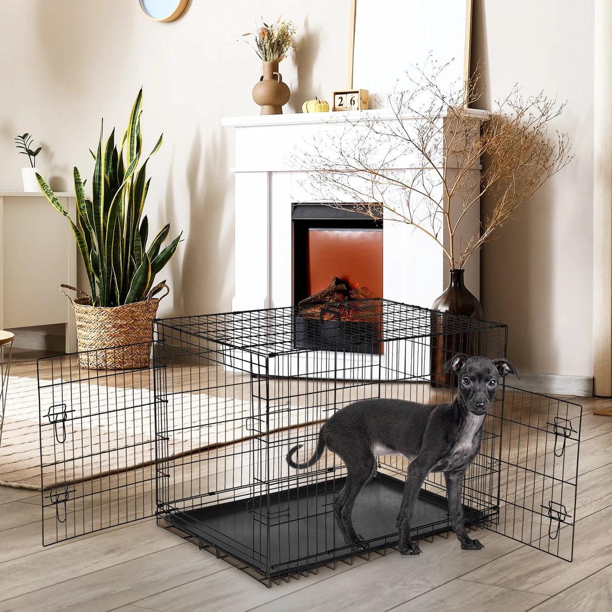 JHK Folding Metal Wire Dog Cage With Leak-Proof Pan
