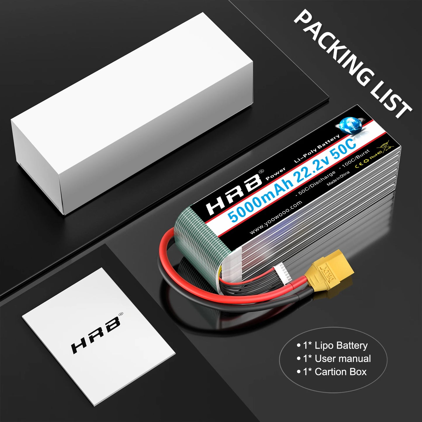 HRB 22.2V 5000mAh 6S LiPo Battery 50C XT90 EC5 Connector