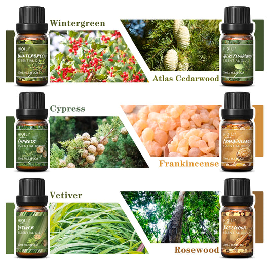 HIQILI Woody Fragrance Oils Set, TOP 6PCS*10mL Gift Set for Aromatherapy Diffuser Humidifier DIY Candles making Homeade Soaps