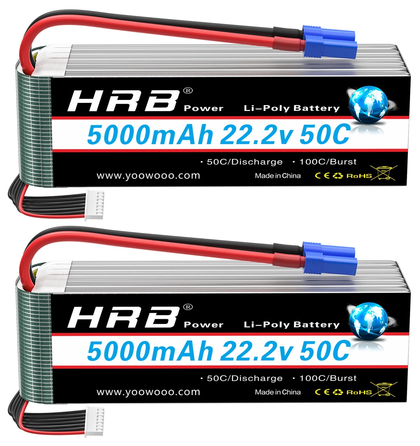 HRB 22.2V 5000mAh 6S LiPo Battery 50C XT90 EC5 Connector