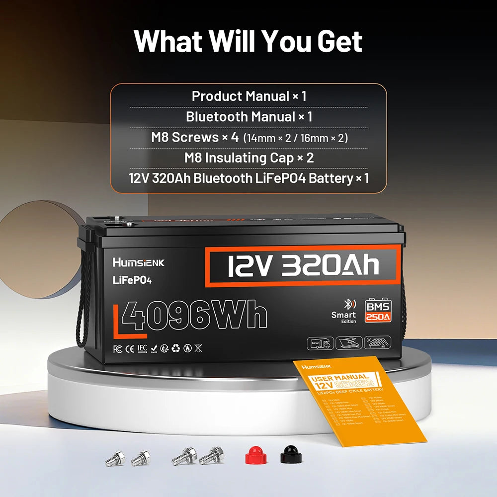 Humsienk 12V 320Ah LiFePO4 Battery With Bluetooth 250A BMS