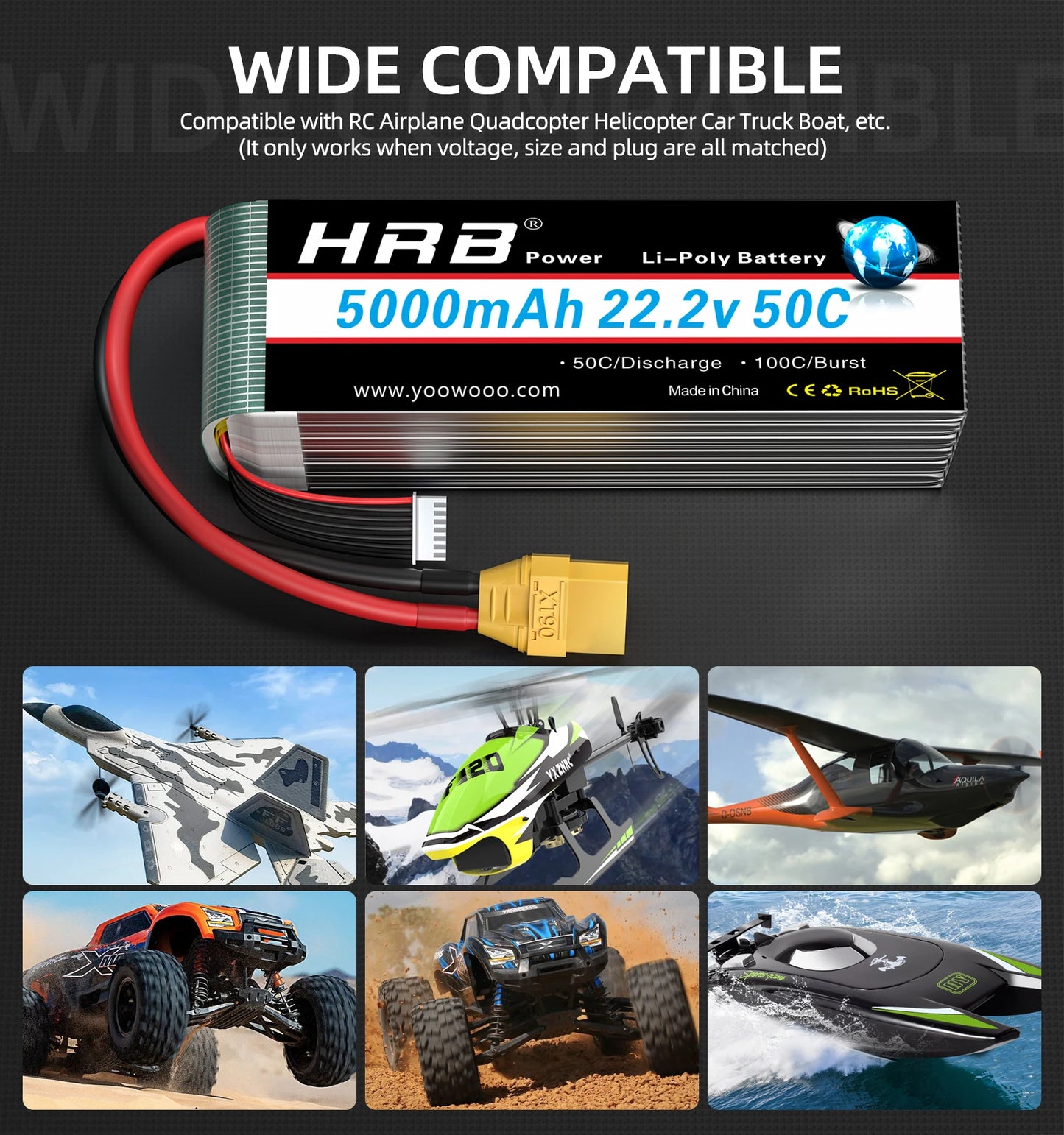 HRB 22.2V 5000mAh 6S LiPo Battery 50C XT90 EC5 Connector