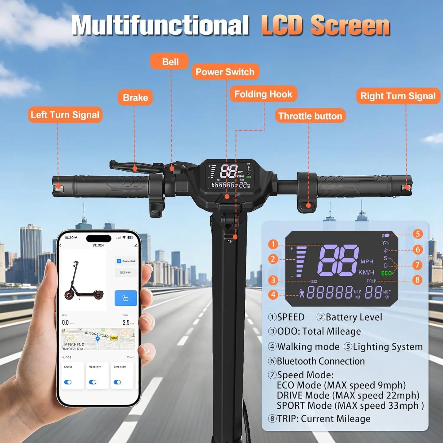 Electric Scooter 1200W Folding Off Road 30 MPH Top Speed